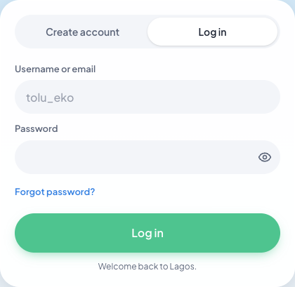 Lagos Life Log in tab showing username or email, password and Forgot password controls.